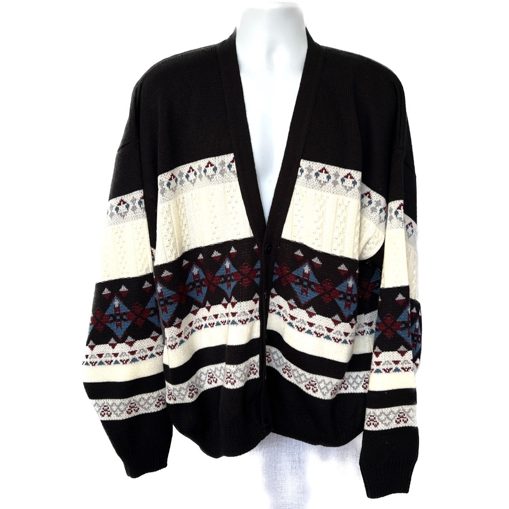 Fine Line Mens Sweater Cardigan Aztec Cream Blue Striped Sz XL Grandpa Button Up